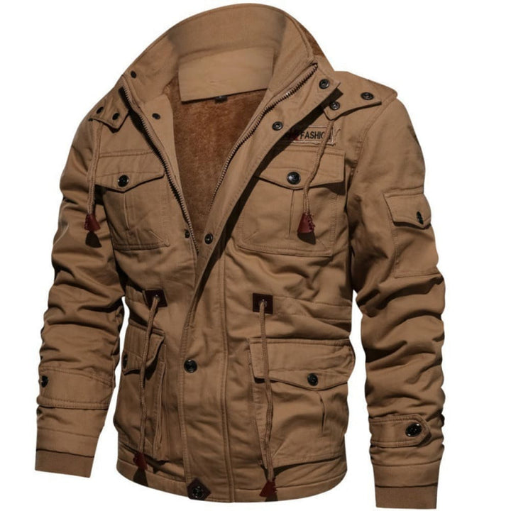 Men's Fleece Lined Cargo Jacket with Stand Collar - Monty - Khaki