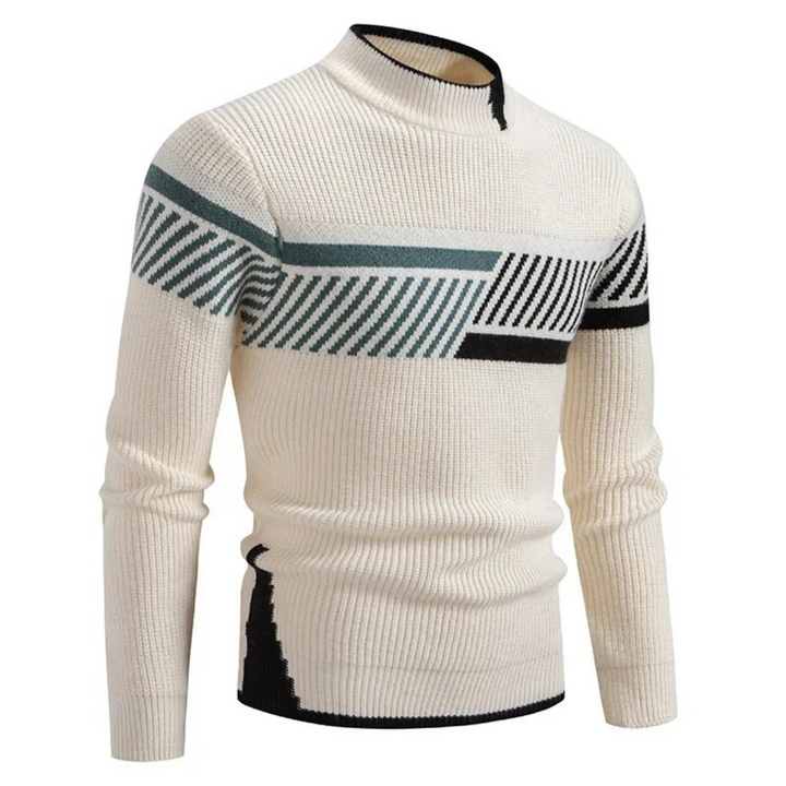 Heinrich - Men's Geometric Print Long-Sleeve Jumper in Beige Stripe