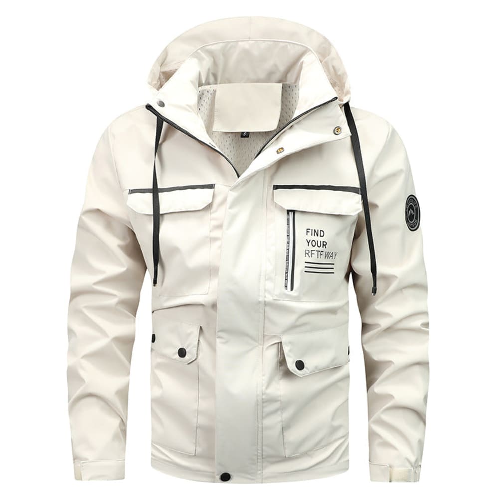 Men's Hooded Rain Jacket with Cargo Pockets - Barnaby - Off White