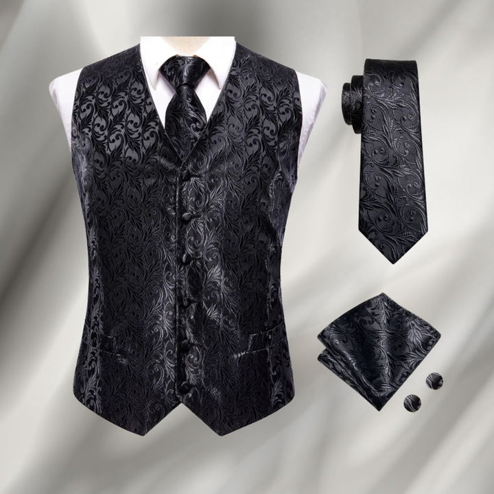 Men's Paisley Waistcoat and Tie Set with Pocket Square - Montgomery - Black