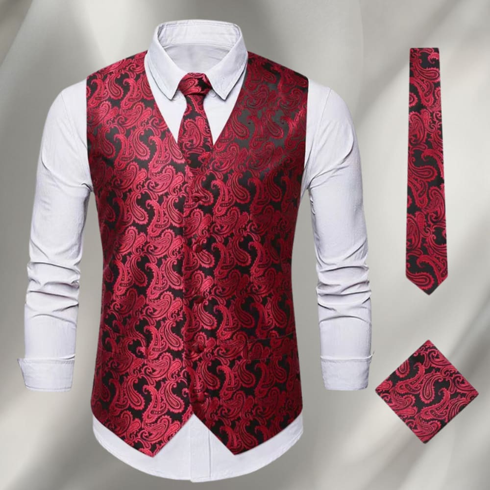 Men's Paisley Waistcoat and Tie Set with Pocket Square - Montgomery - Burgundy