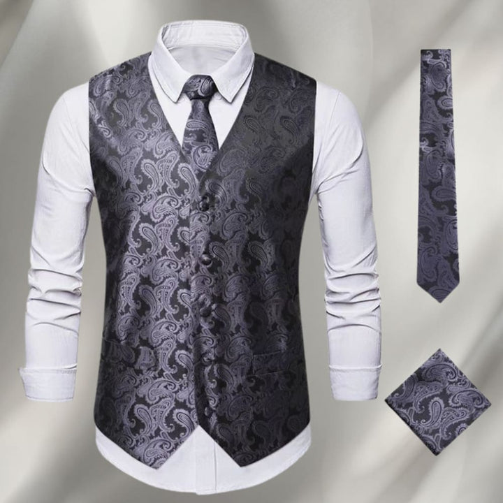 Men's Paisley Waistcoat and Tie Set with Pocket Square - Montgomery - Charcoal