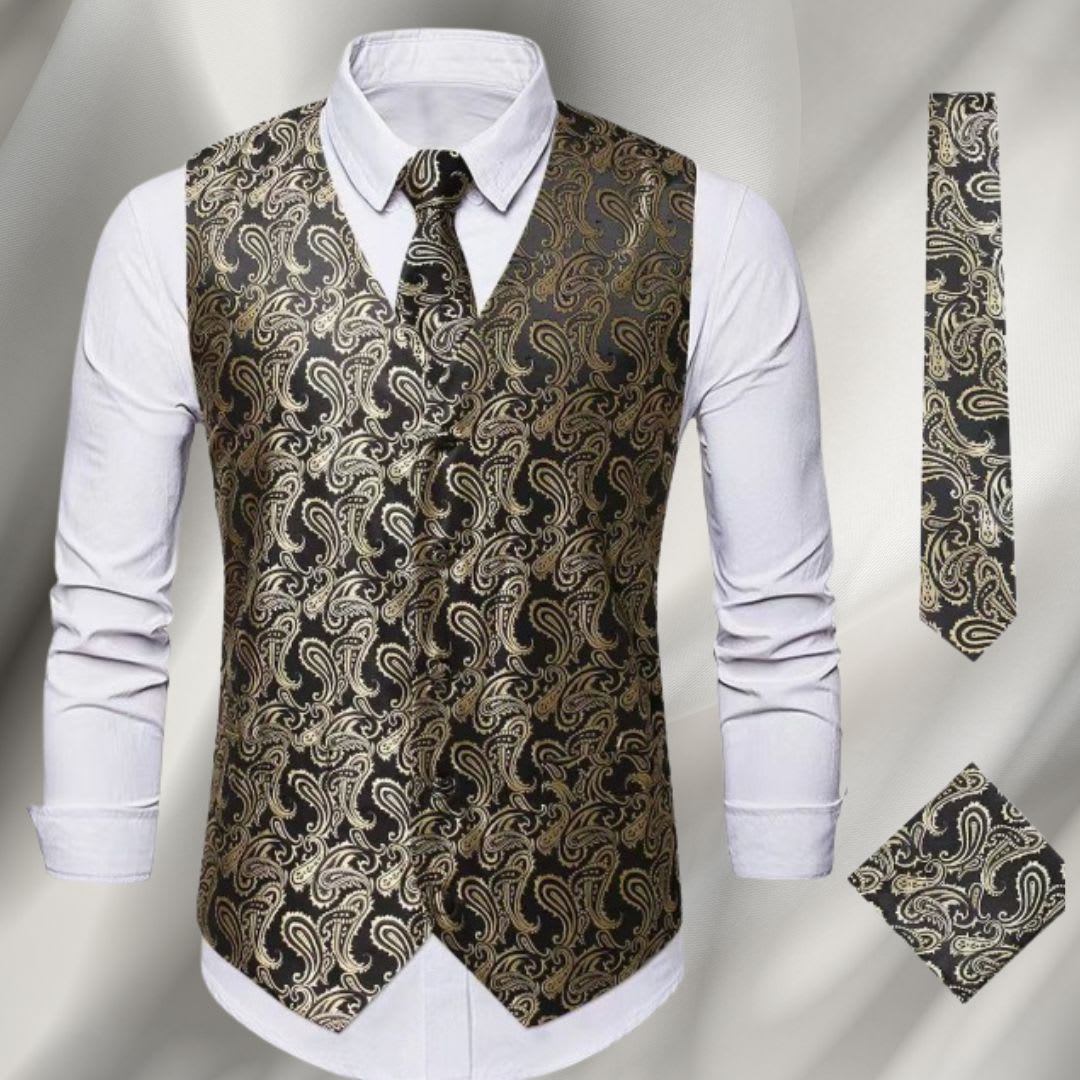 Men's Paisley Waistcoat and Tie Set with Pocket Square - Montgomery - Gold