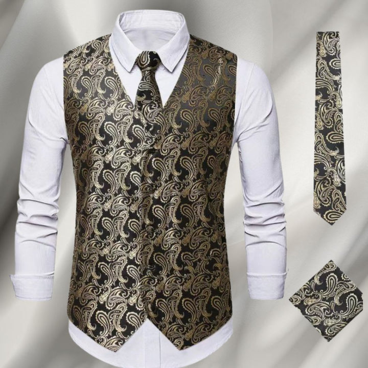 Men's Paisley Waistcoat and Tie Set with Pocket Square - Montgomery - Gold