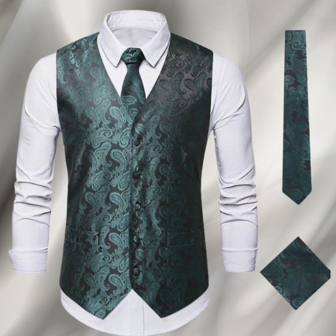Men's Paisley Waistcoat and Tie Set with Pocket Square - Montgomery - Green