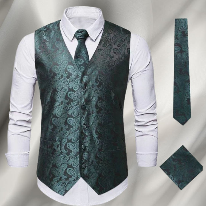 Men's Paisley Waistcoat and Tie Set with Pocket Square - Montgomery - Green