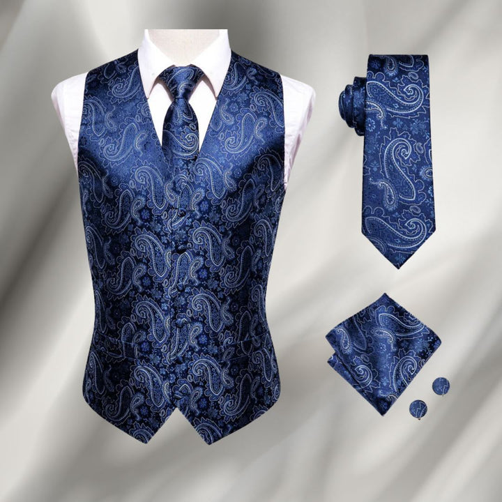 Men's Paisley Waistcoat and Tie Set with Pocket Square - Montgomery - Navy