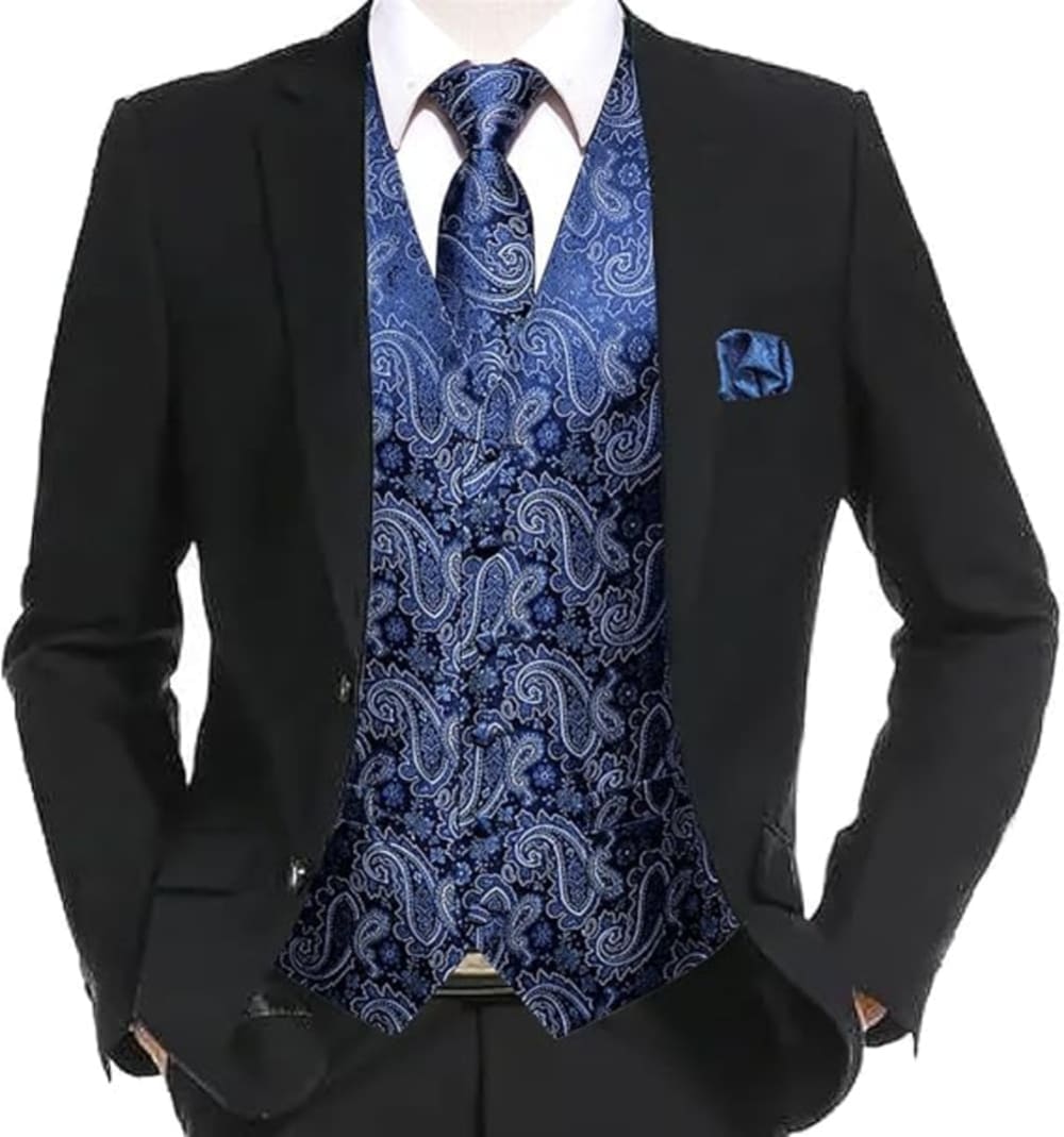 Men's Paisley Waistcoat and Tie Set with Pocket Square - Montgomery - Navy
