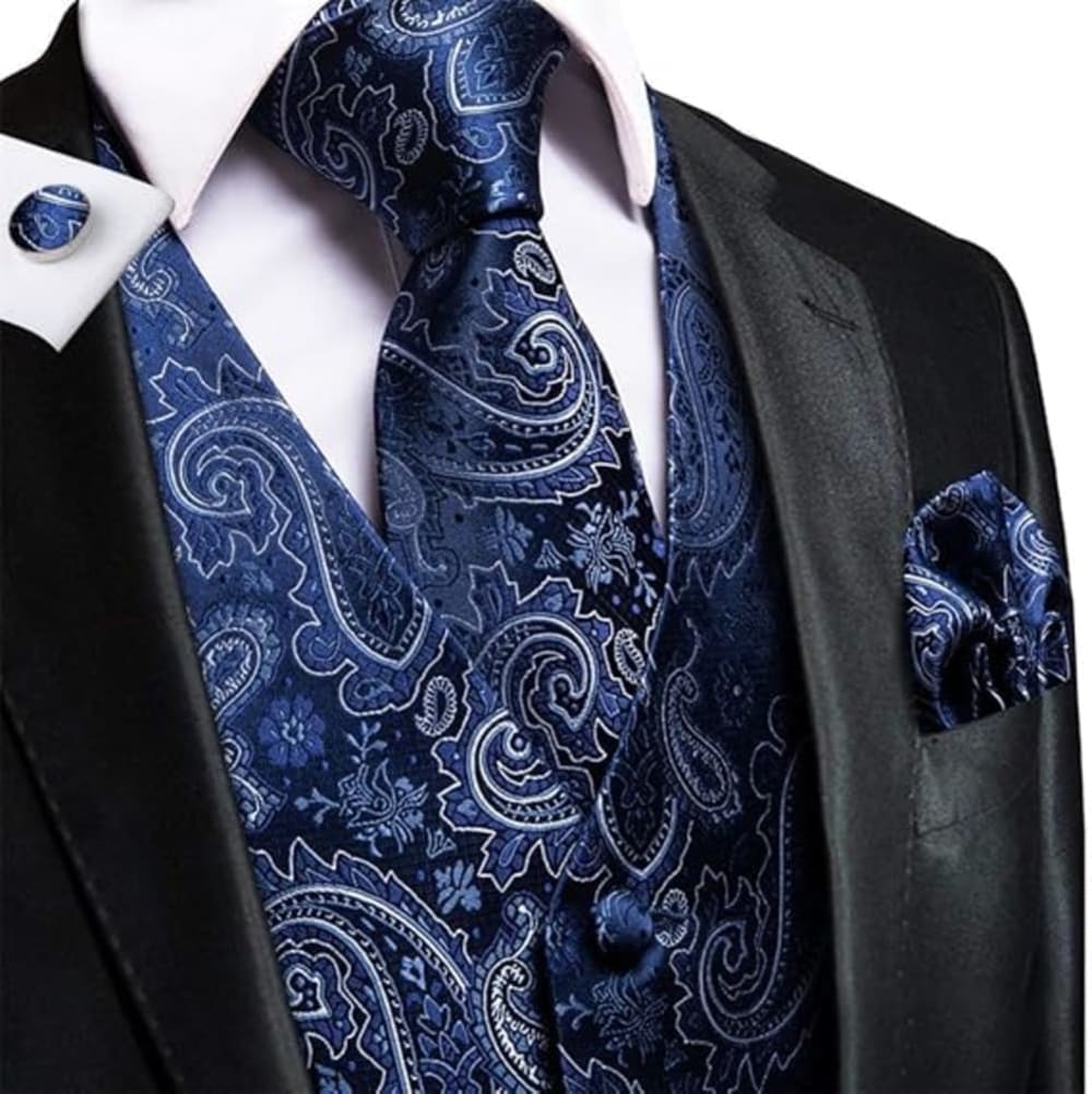 Men's Paisley Waistcoat and Tie Set with Pocket Square - Montgomery - Navy