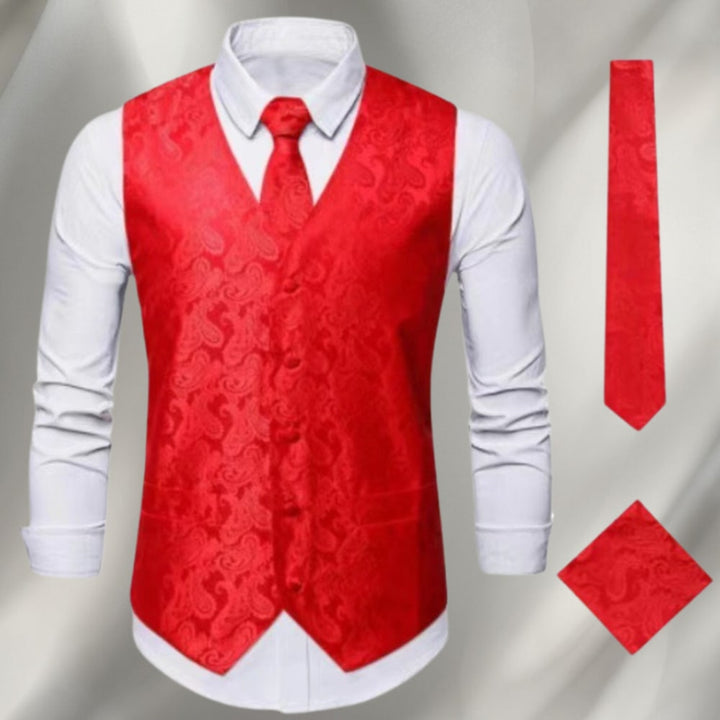 Men's Paisley Waistcoat and Tie Set with Pocket Square - Montgomery - Red