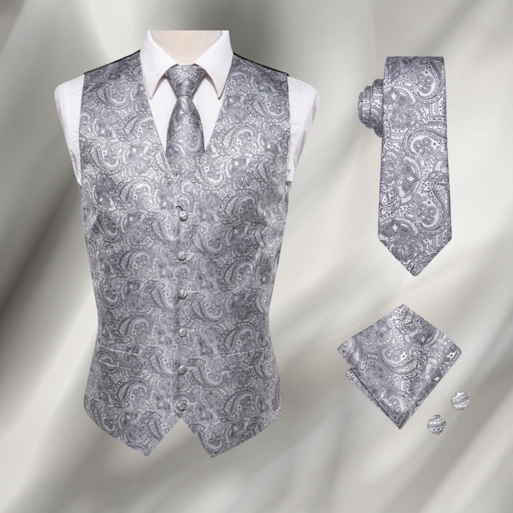 Men's Paisley Waistcoat and Tie Set with Pocket Square - Montgomery - Silver Grey