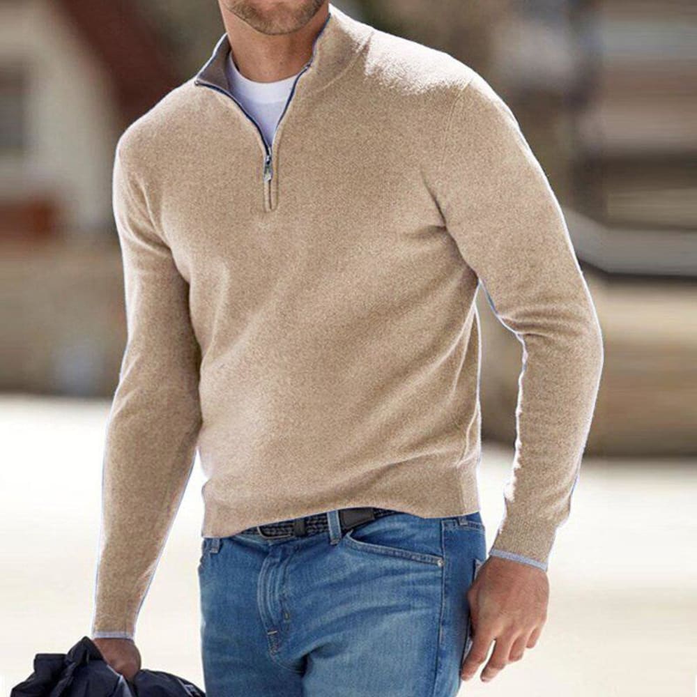 Men's Quarter Zip Jumper with Stand Collar - Hector - Beige