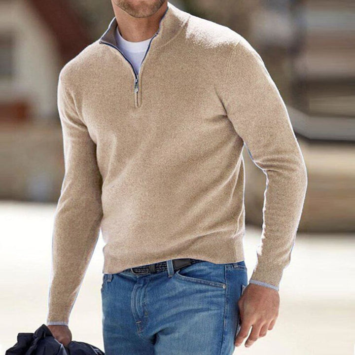 Men's Quarter Zip Jumper with Stand Collar - Hector - Beige