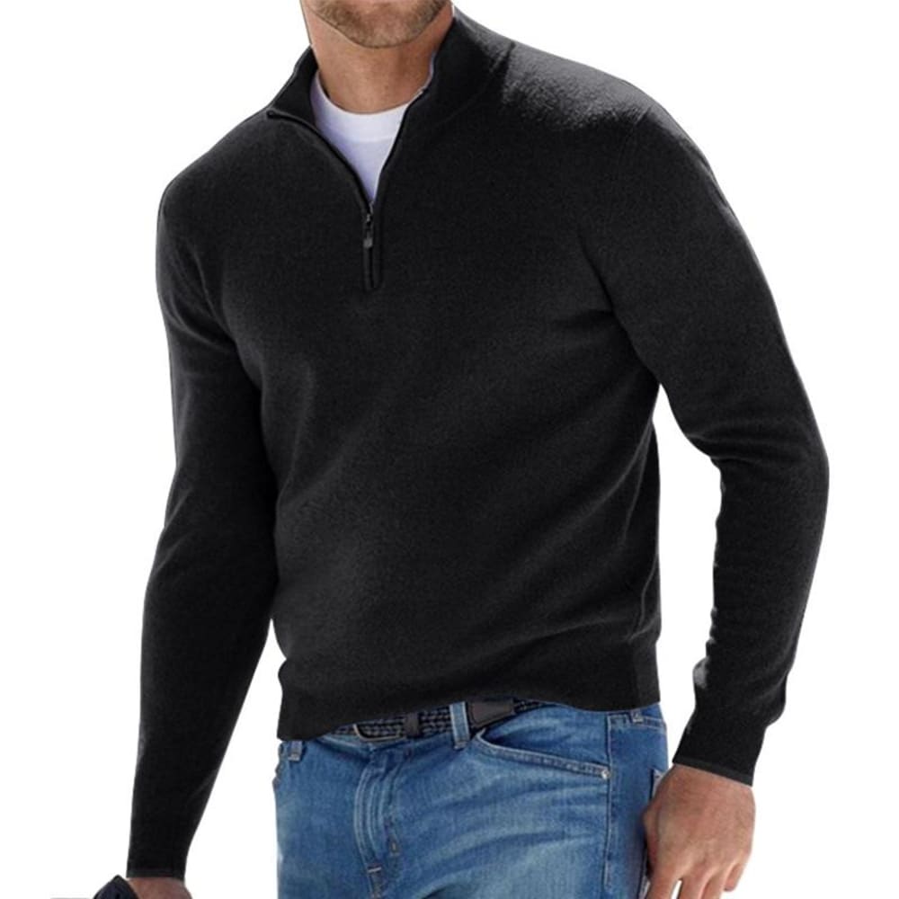 Men's Quarter Zip Jumper with Stand Collar - Hector - Black