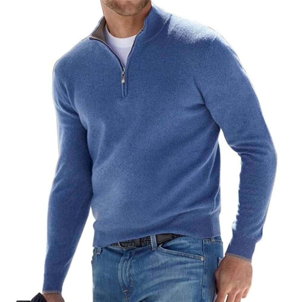 Men's Quarter Zip Jumper with Stand Collar - Hector - Blue