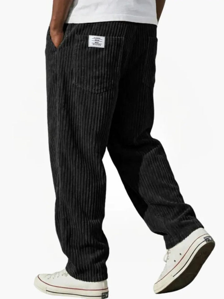 Men's Relaxed Corduroy Trousers with Elastic Waist - Rufus - Black