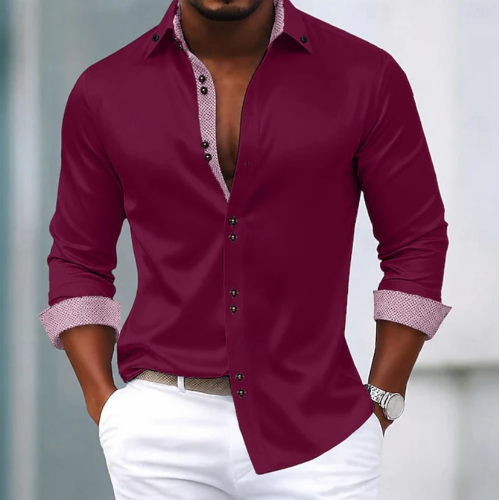 Men's Slim Fit Shirt with Contrast Cuffs - Ronan - Burgundy