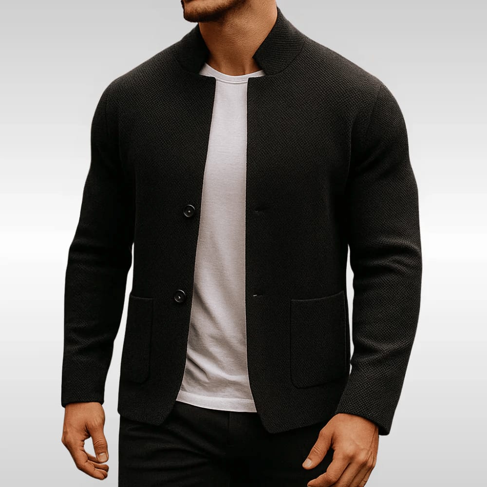 Men's Stand Collar Cardigan with Patch Pockets - Hamish - Black