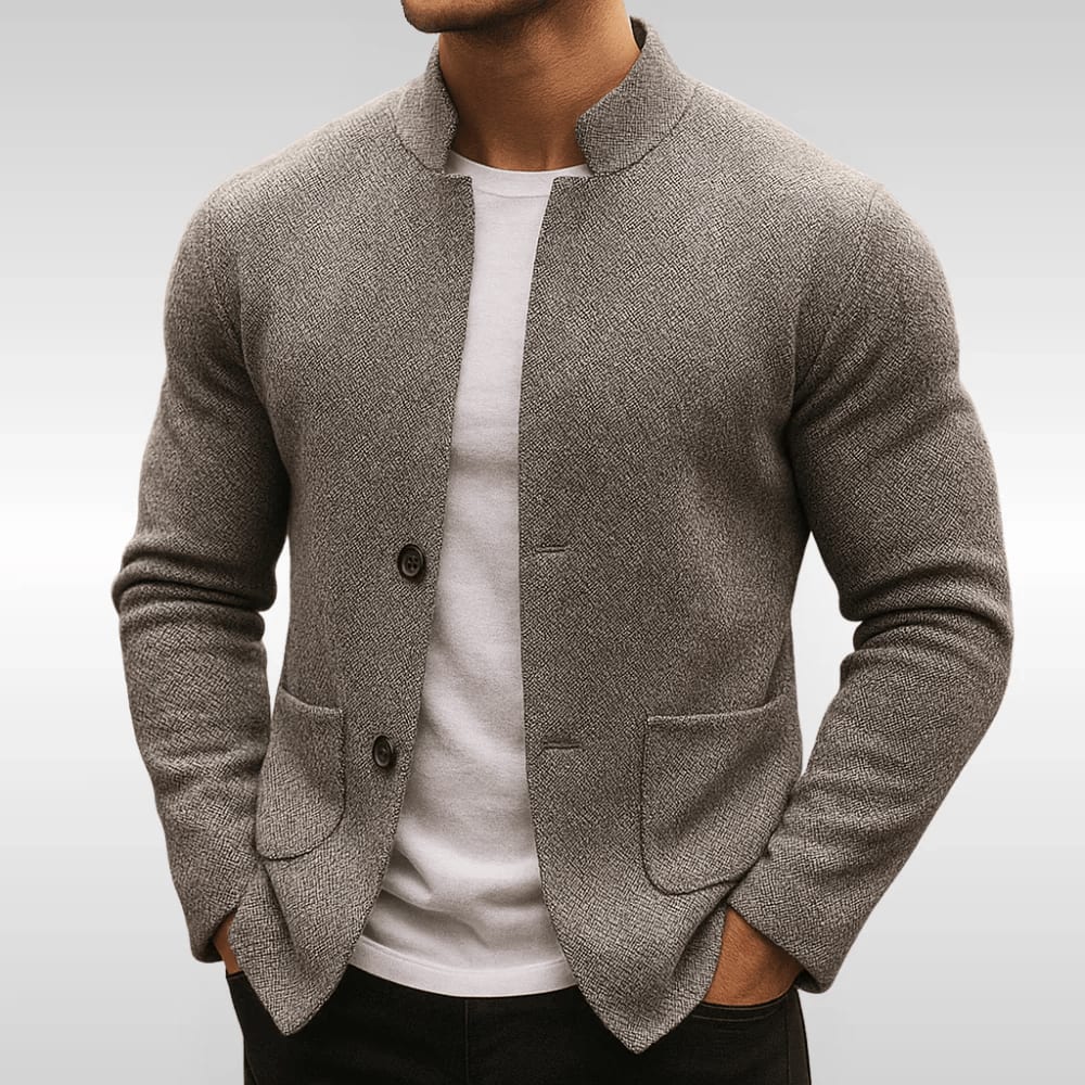 Men's Stand Collar Cardigan with Patch Pockets - Hamish - Grey
