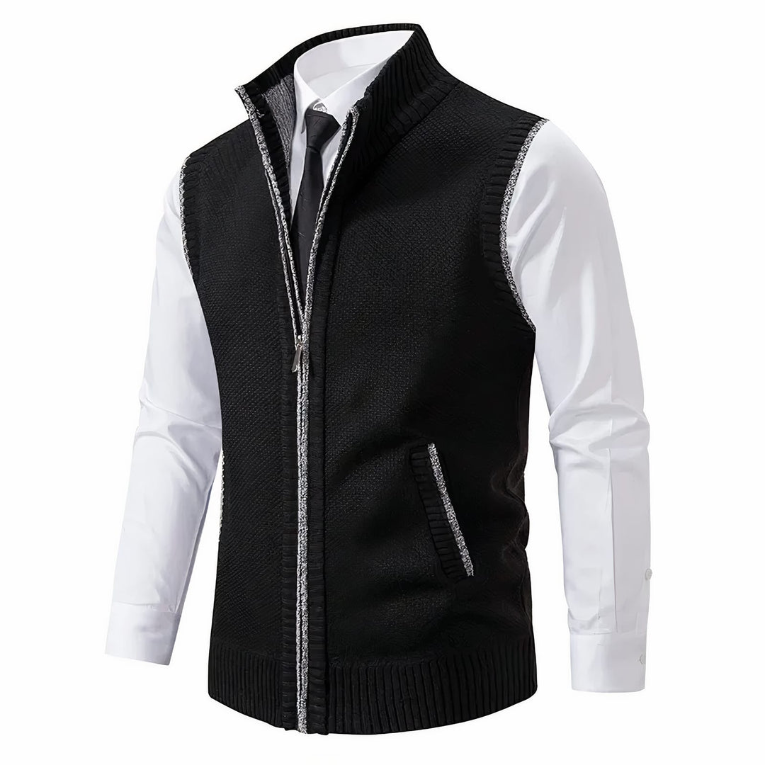 Men's Zip Up Knitted Gilet with Stand Collar - Percival - Black