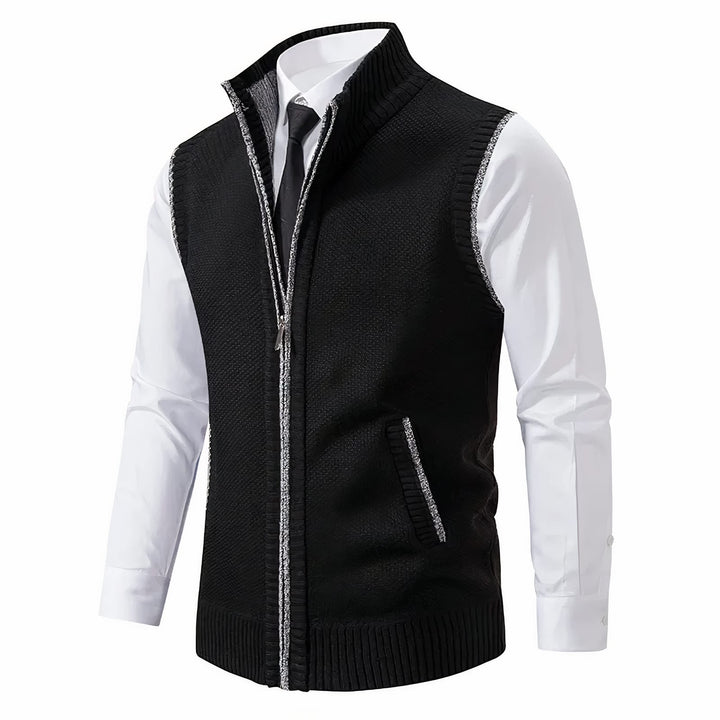 Men's Zip Up Knitted Gilet with Stand Collar - Percival - Black