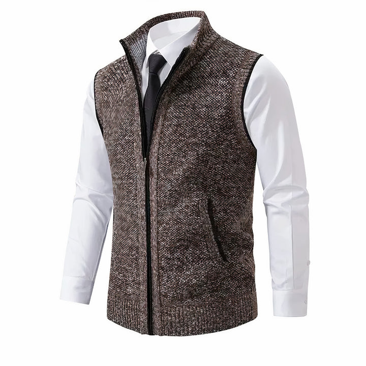 Men's Zip Up Knitted Gilet with Stand Collar - Percival - Brown