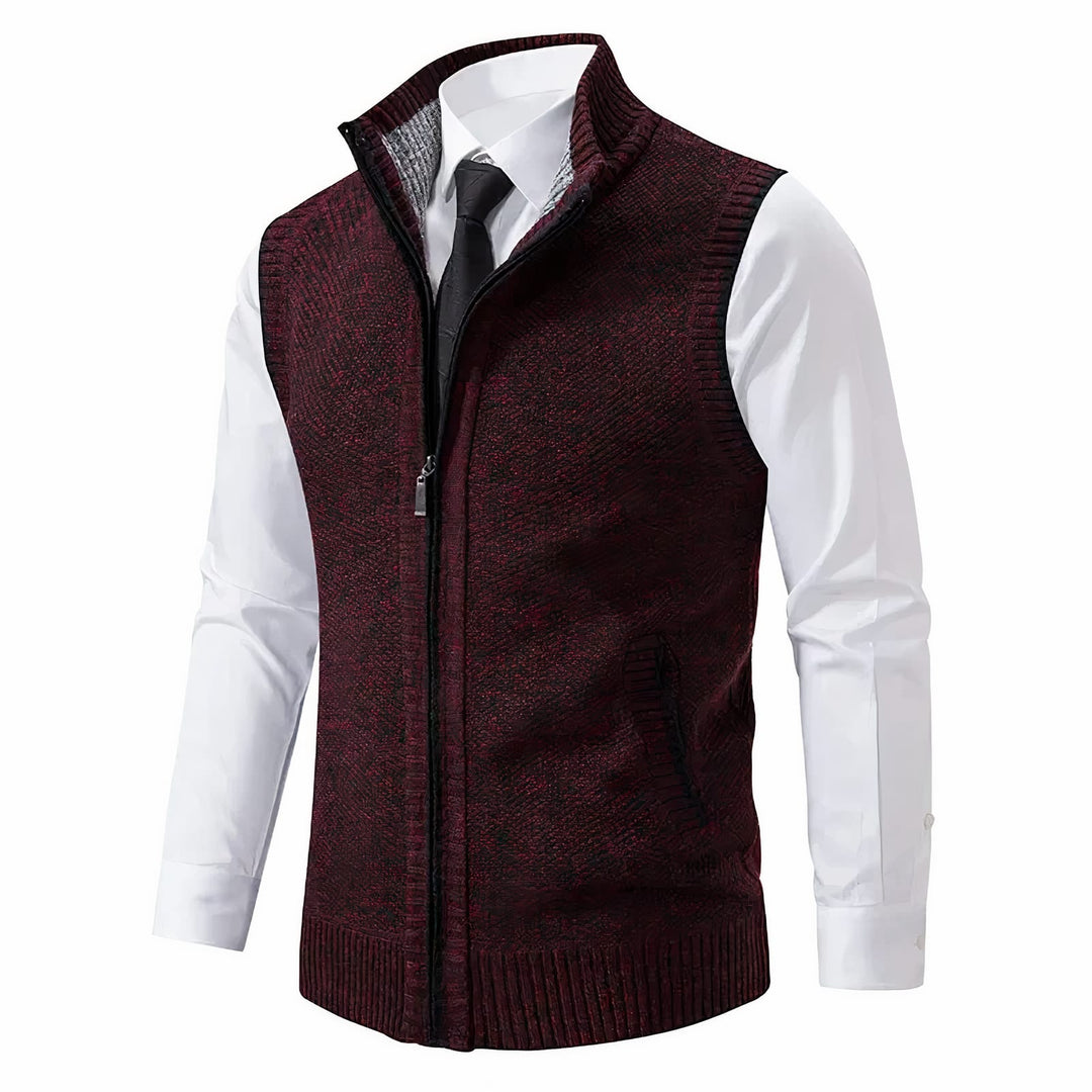 Men's Zip Up Knitted Gilet with Stand Collar - Percival - Burgundy