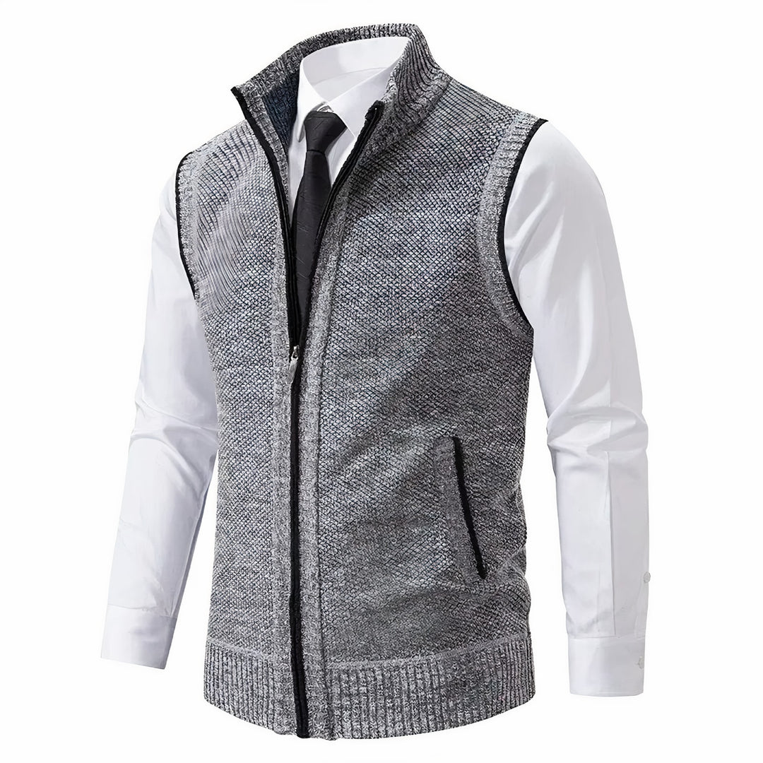 Men's Zip Up Knitted Gilet with Stand Collar - Percival - Light Grey