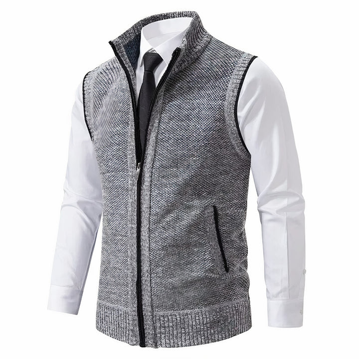 Men's Zip Up Knitted Gilet with Stand Collar - Percival - Light Grey