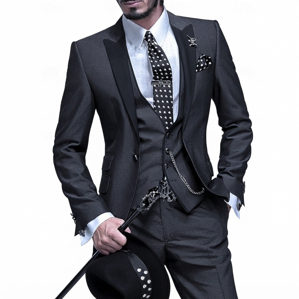 Men's Slim Fit Three-Piece Suit with Peak Lapel and Waistcoat - Ulysses - Charcoal