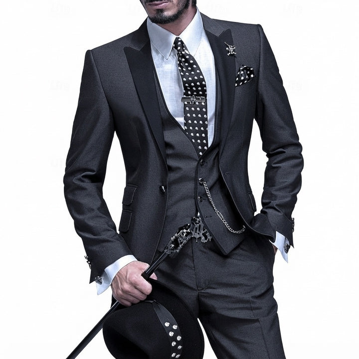 Men's Slim Fit Three-Piece Suit with Peak Lapel and Waistcoat - Ulysses - Charcoal