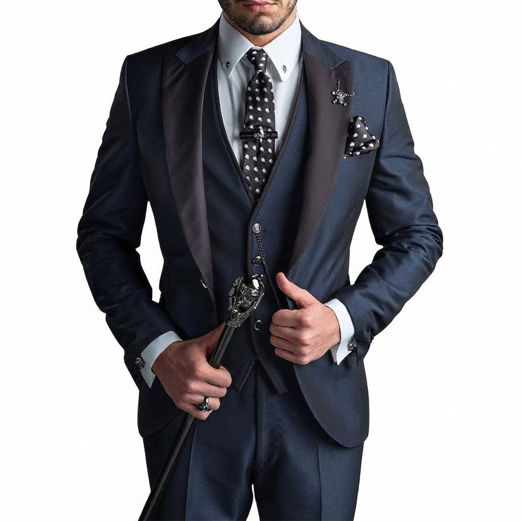 Men's Slim Fit Three-Piece Suit with Peak Lapel and Waistcoat - Ulysses - Navy