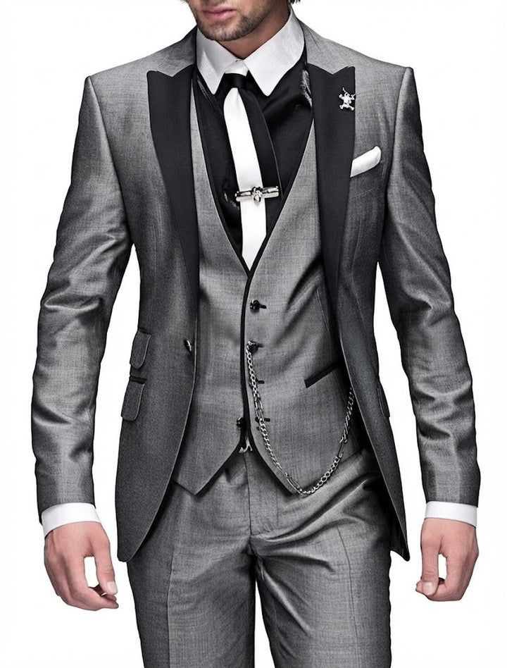 Men's Slim Fit Three-Piece Suit with Peak Lapel and Waistcoat - Ulysses - Silver Grey