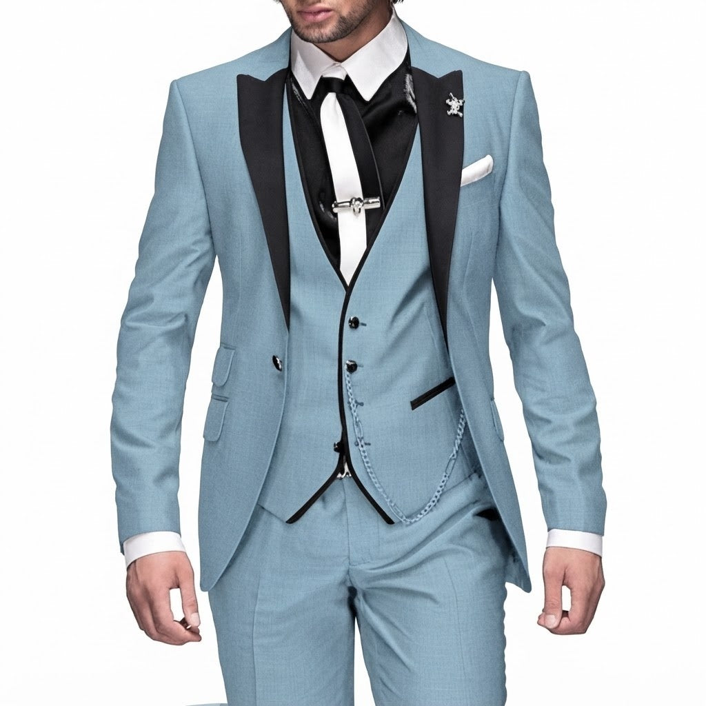 Men's Slim Fit Three-Piece Suit with Peak Lapel and Waistcoat - Ulysses - Sky Blue