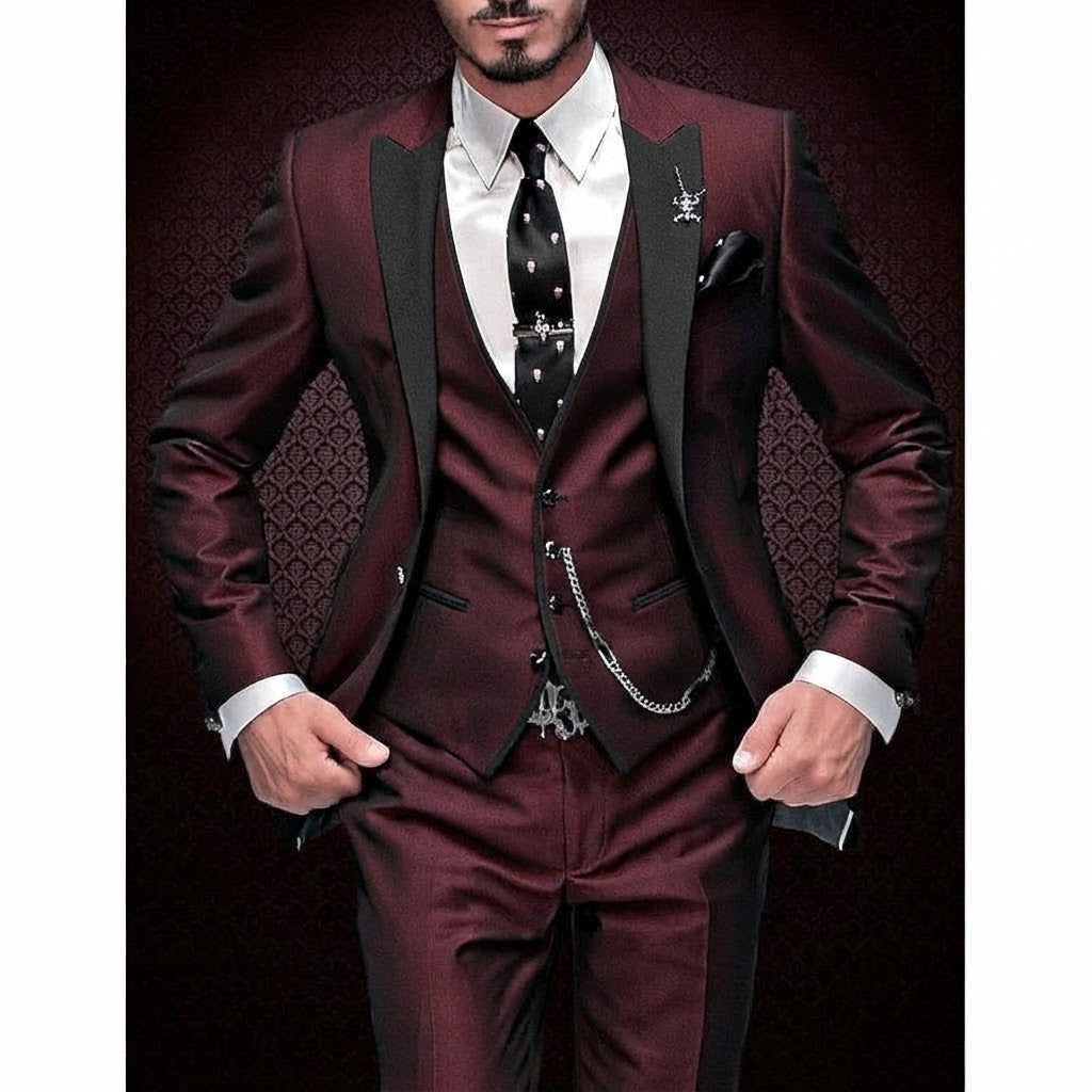 Men's Slim Fit Three-Piece Suit with Peak Lapel and Waistcoat - Ulysses - Burgundy
