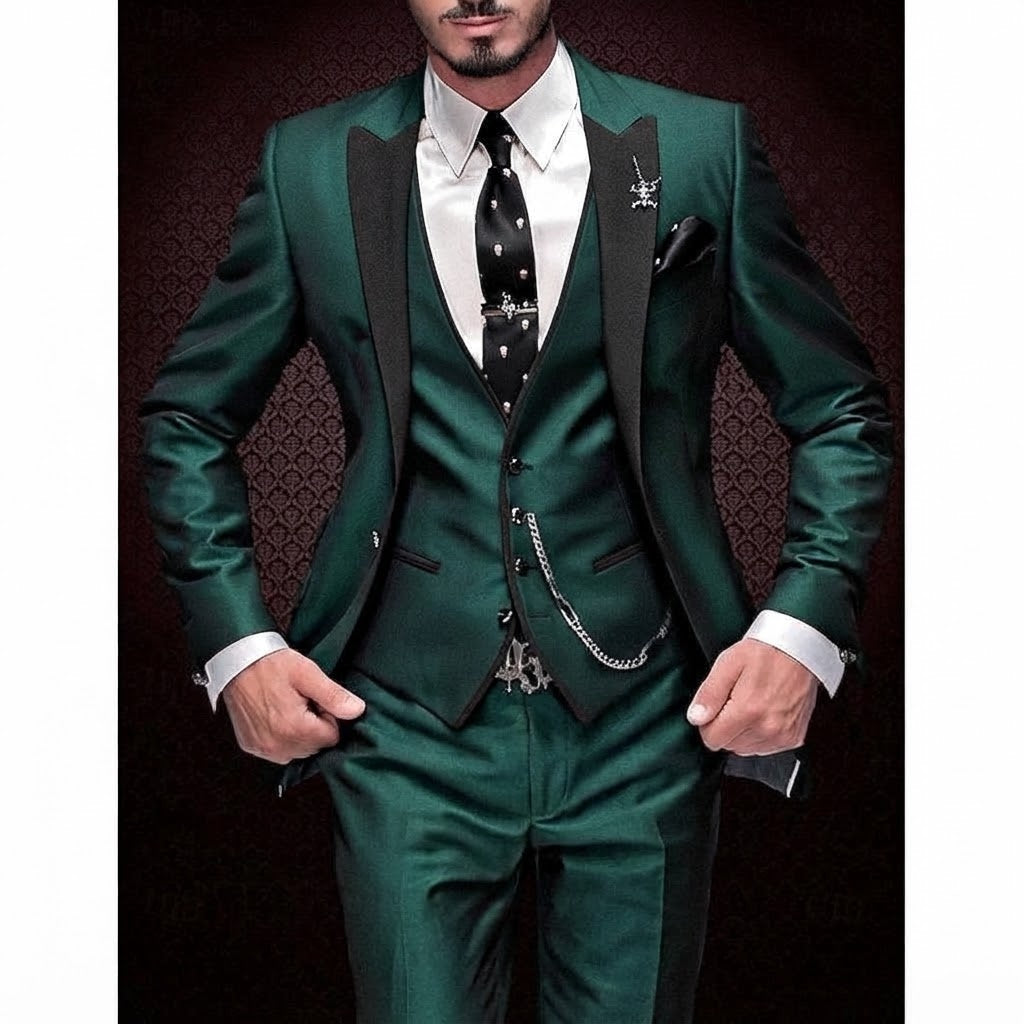 Men's Slim Fit Three-Piece Suit with Peak Lapel and Waistcoat - Ulysses - Emerald