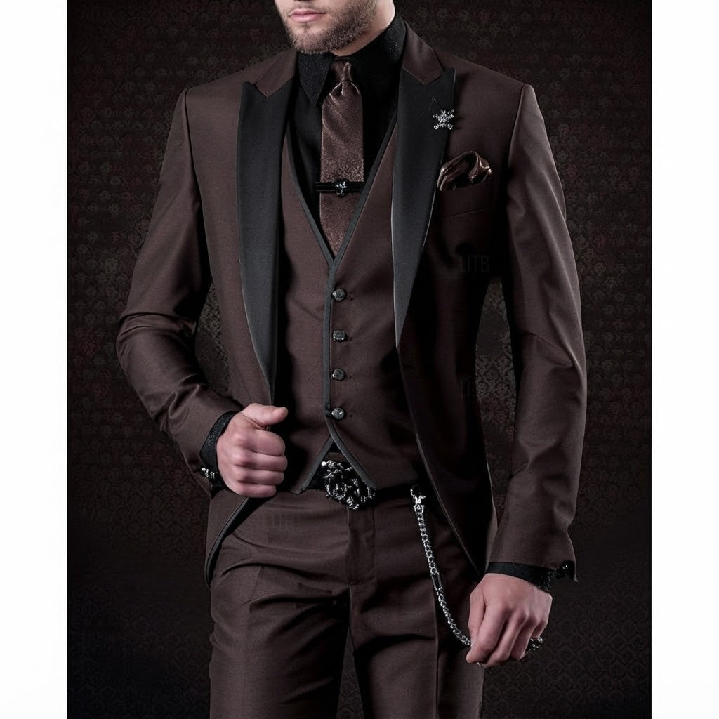 Men's Slim Fit Three-Piece Suit with Peak Lapel and Waistcoat - Ulysses - Chocolate