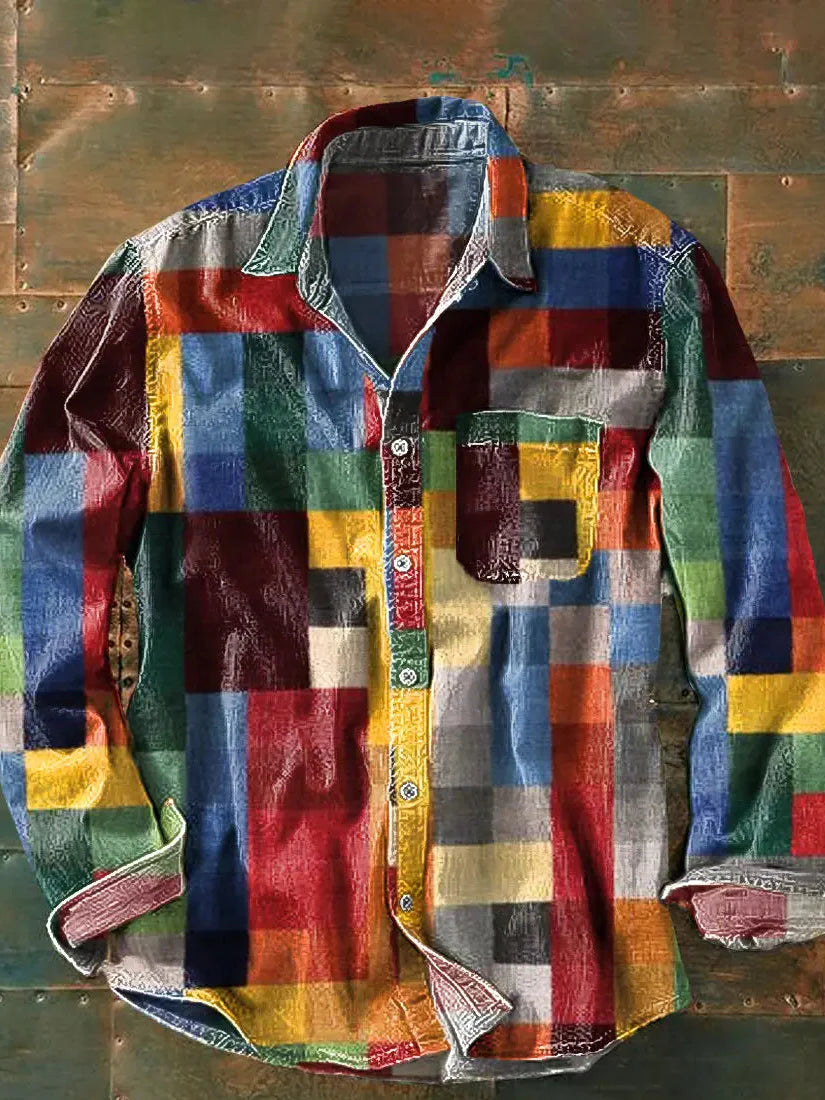 Men's Patchwork Long-Sleeve Shirt in Multicolour
