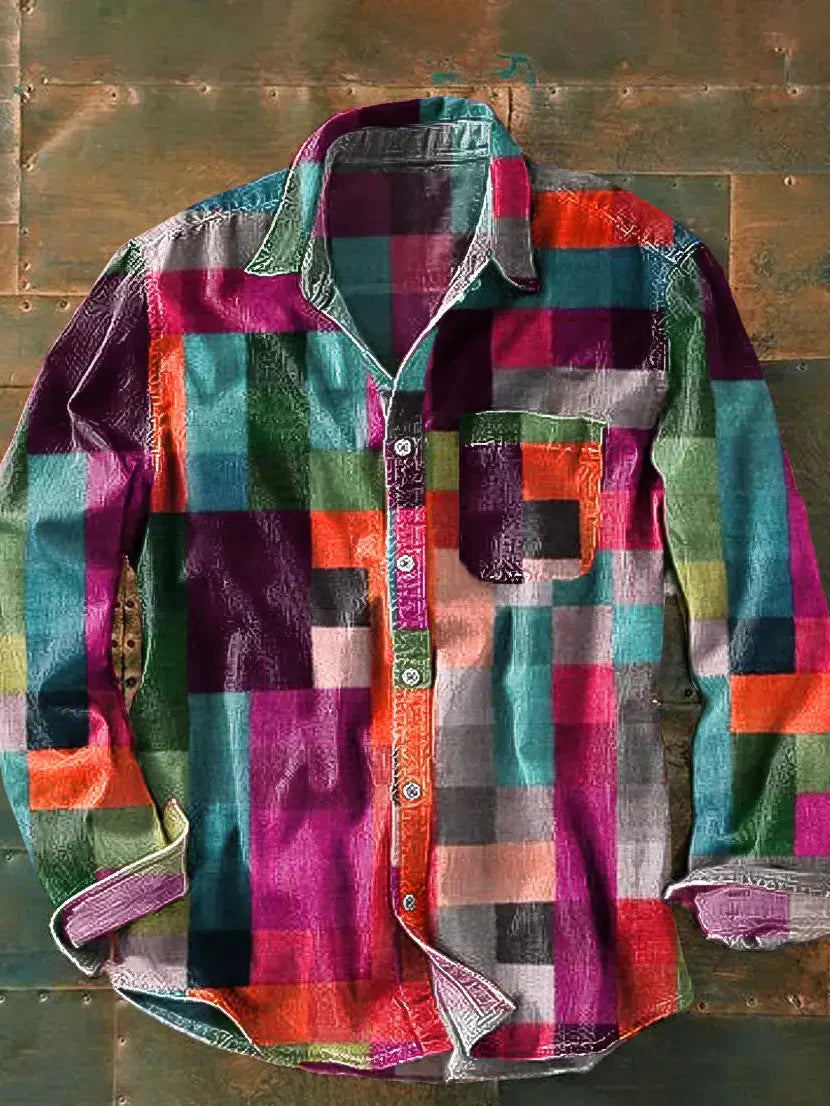 Men's Patchwork Long-Sleeve Shirt in Pink