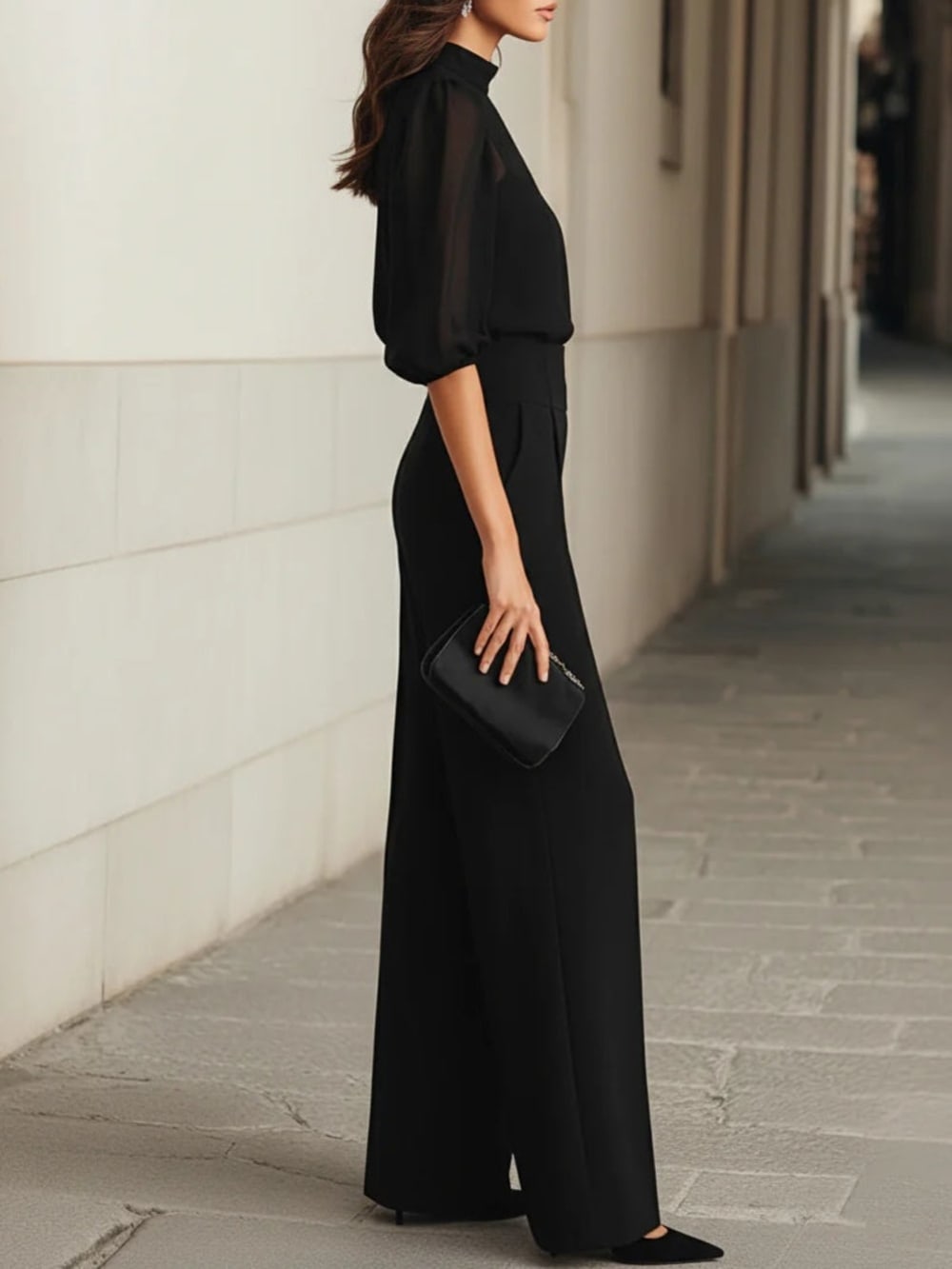 Women's 3 Piece Trouser Set with Sheer Blouse - Isadora - Black