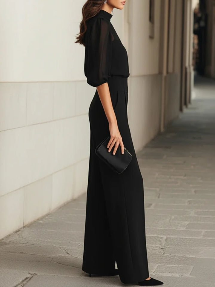 Women's 3 Piece Trouser Set with Sheer Blouse - Isadora - Black