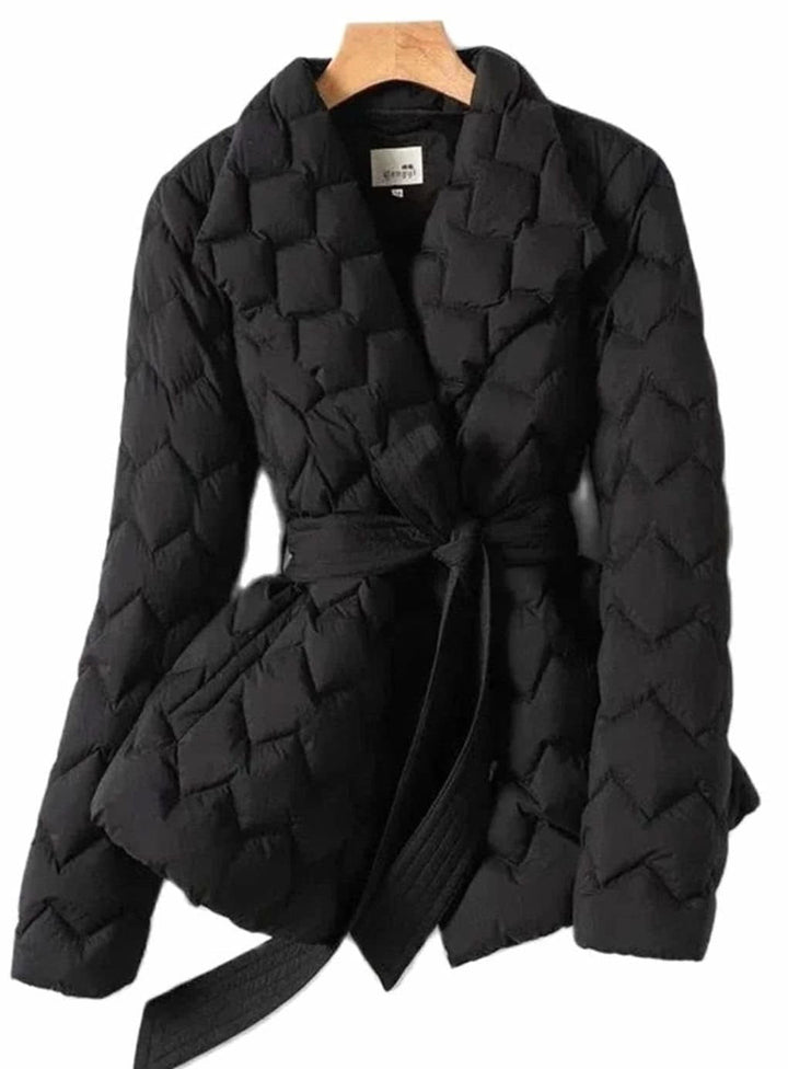 Women's Belted Quilted Puffer Jacket with Wide Lapels - Penelope - Black