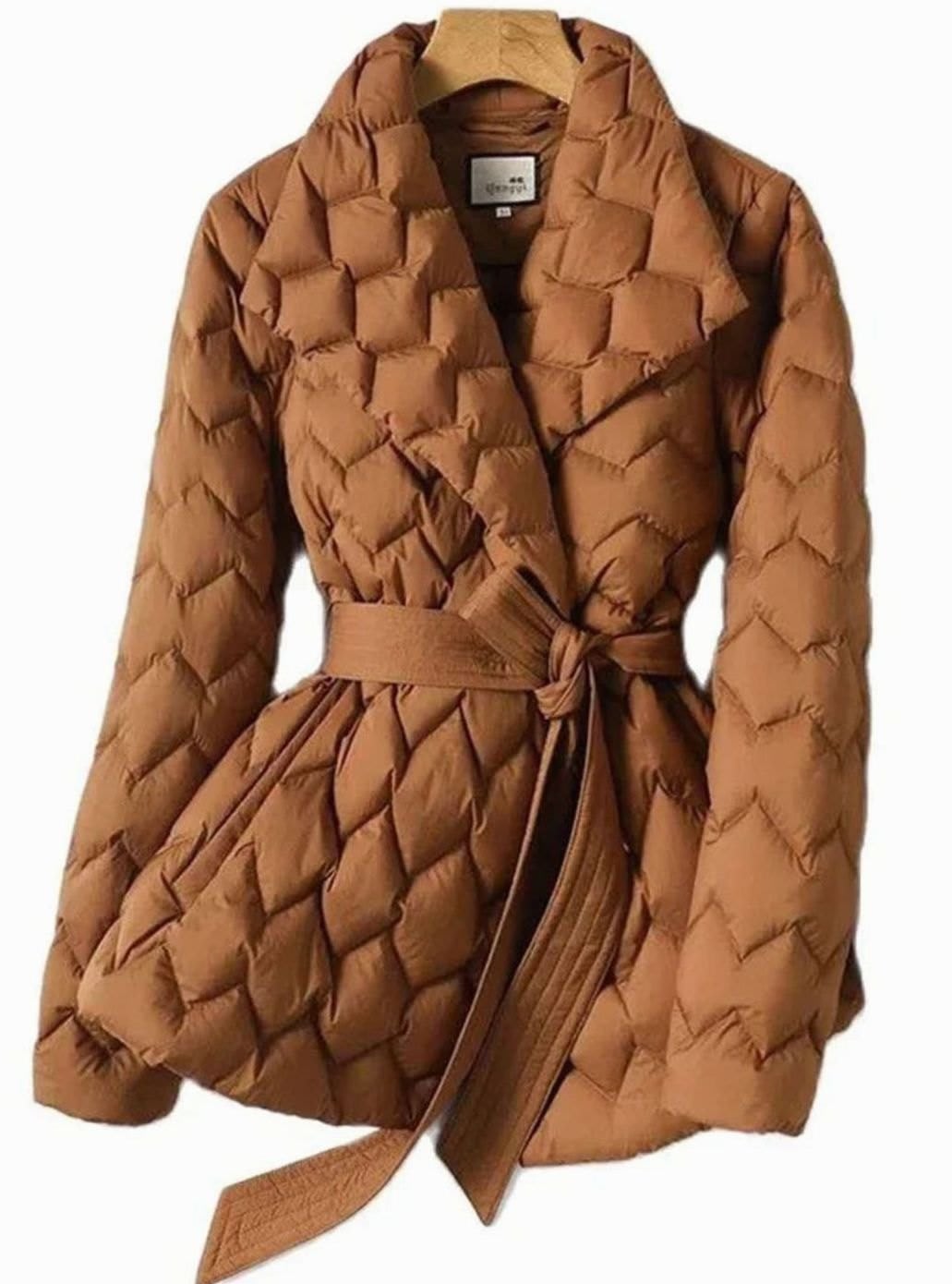 Women's Belted Quilted Puffer Jacket with Wide Lapels - Penelope - Caramel