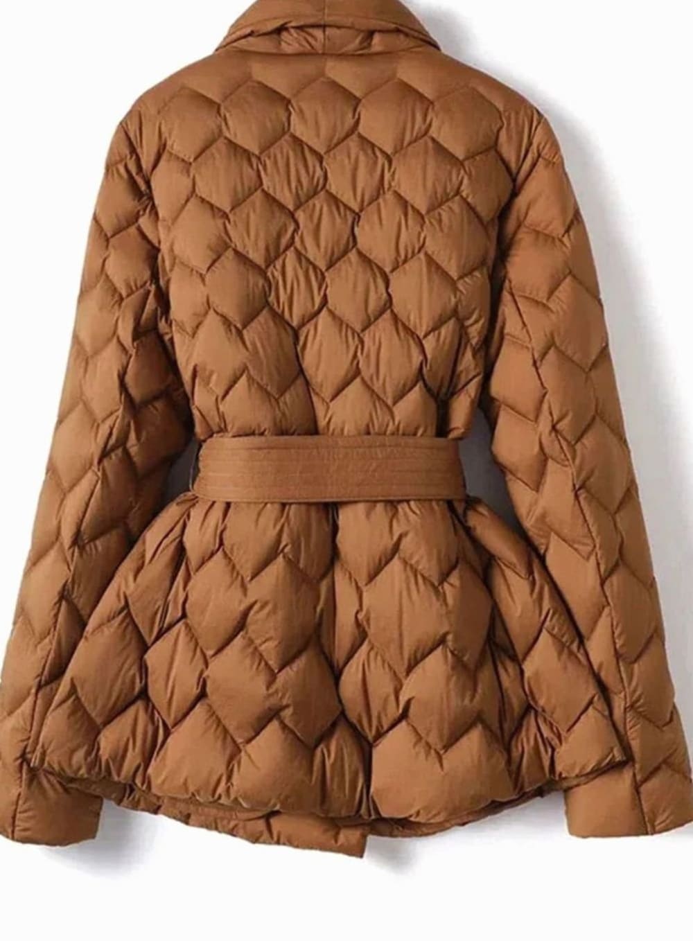 Women's Belted Quilted Puffer Jacket with Wide Lapels - Penelope - Caramel