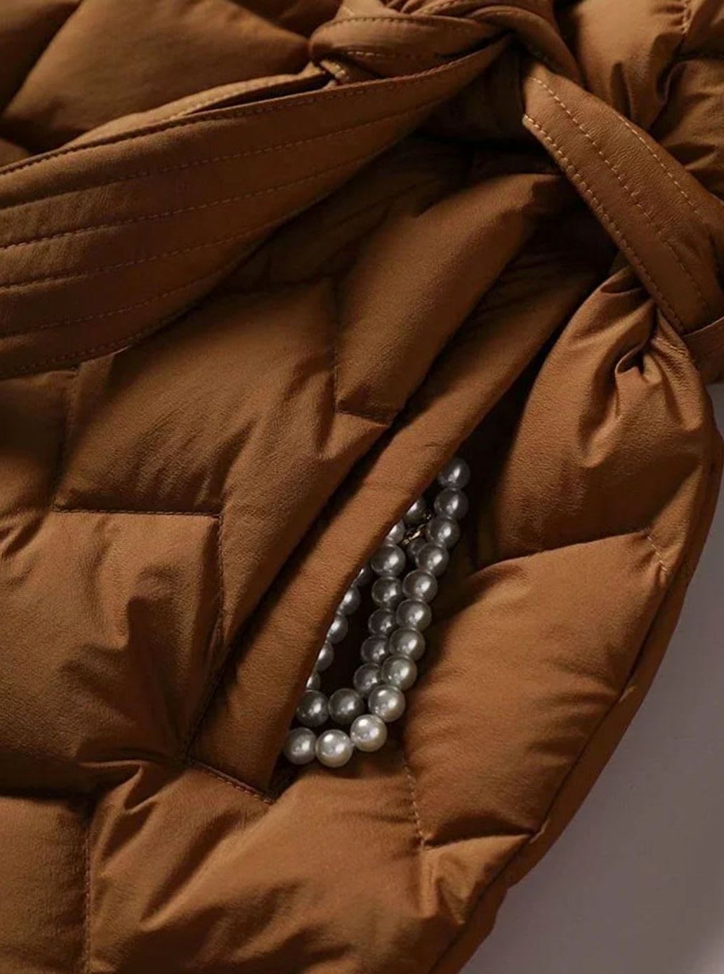 Women's Belted Quilted Puffer Jacket with Wide Lapels - Penelope - Caramel