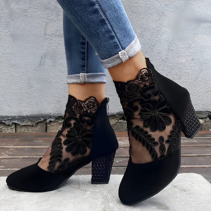 Women's Block Heel Ankle Boots with Sheer Panels - Florence - Black
