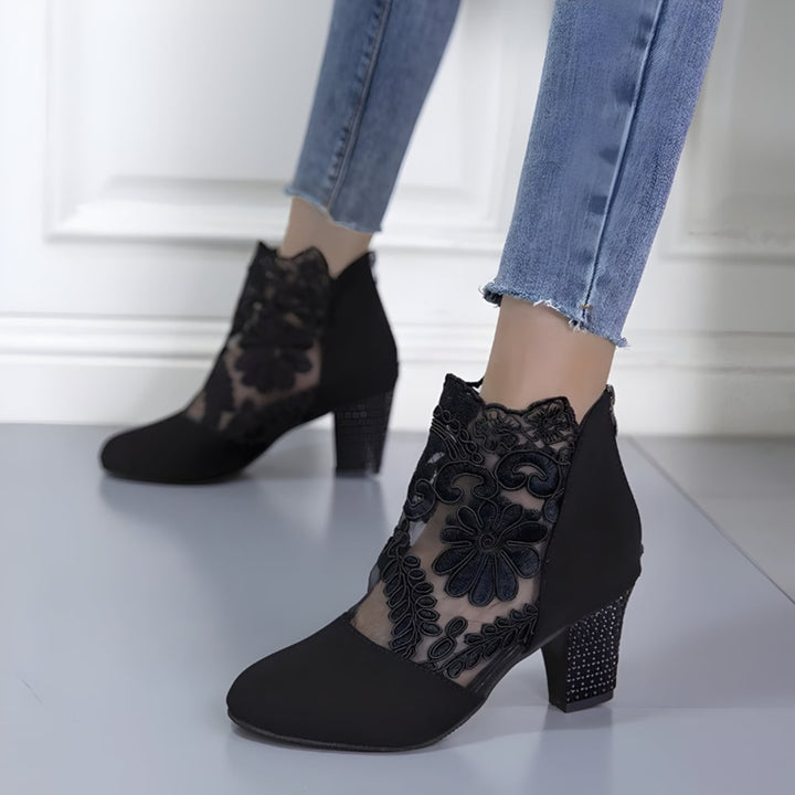 Women's Block Heel Ankle Boots with Sheer Panels - Florence - Black