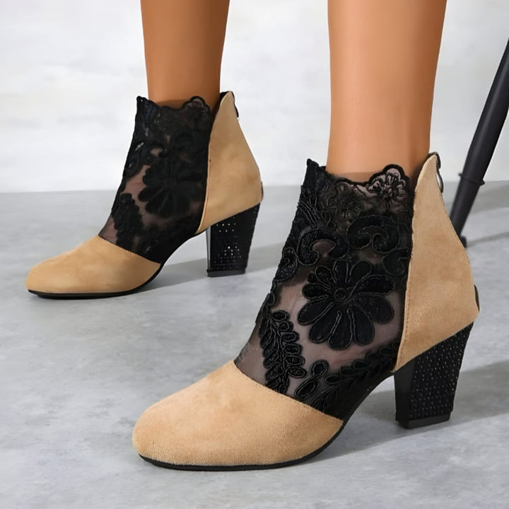 Women's Block Heel Ankle Boots with Sheer Panels - Florence - Camel