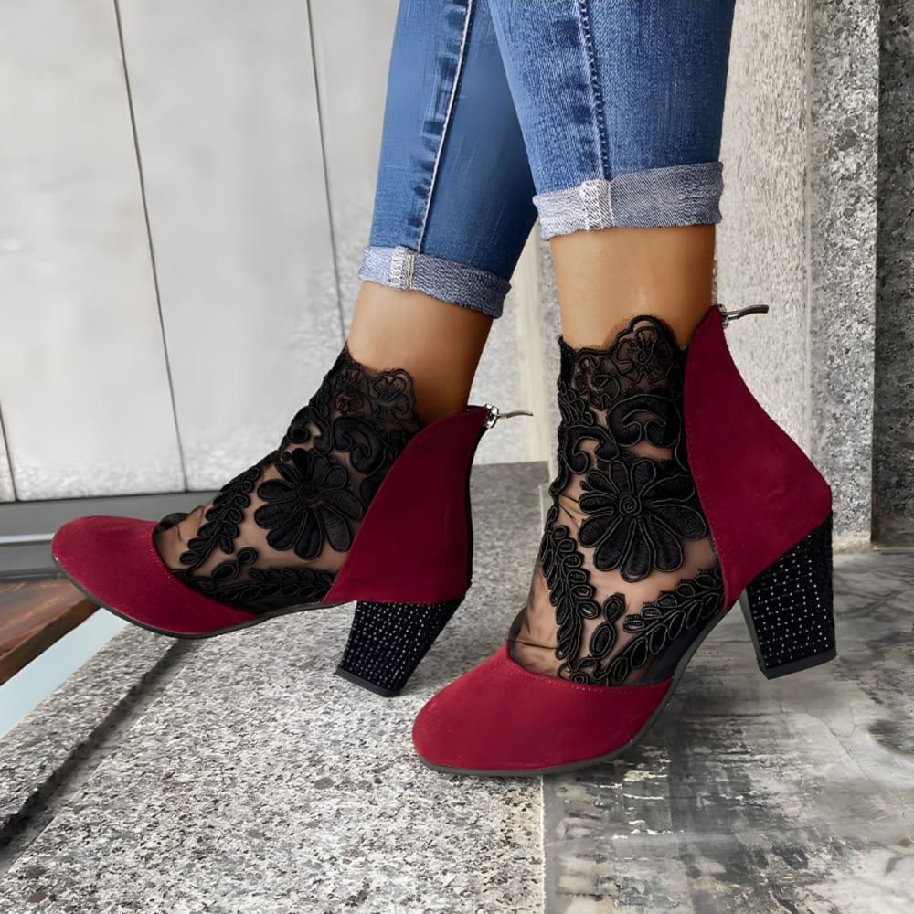 Women's Block Heel Ankle Boots with Sheer Panels - Florence - Red
