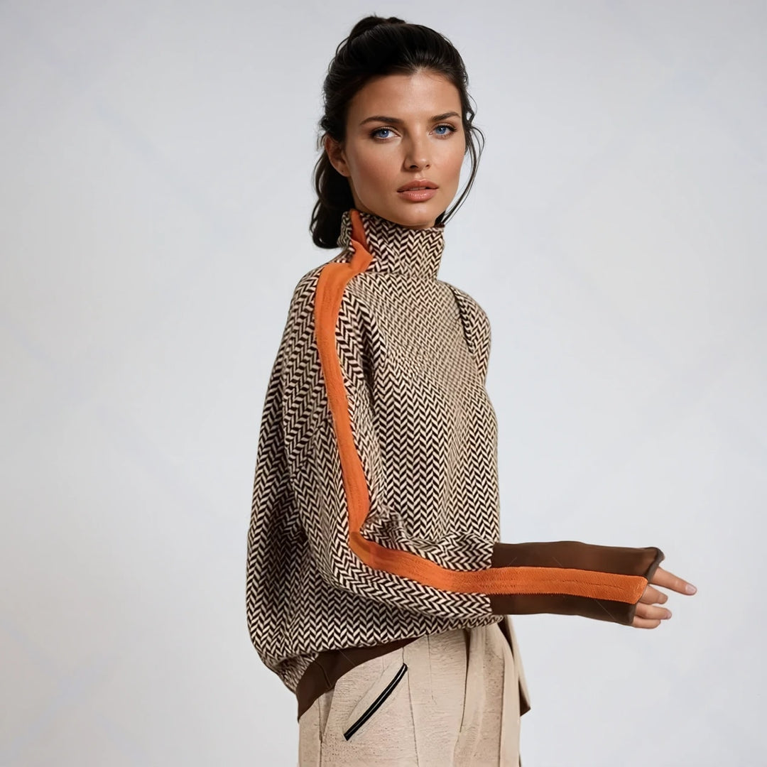 Women's Chevron Roll Neck Jumper with Contrast Stripes - Clementina - Brown Orange